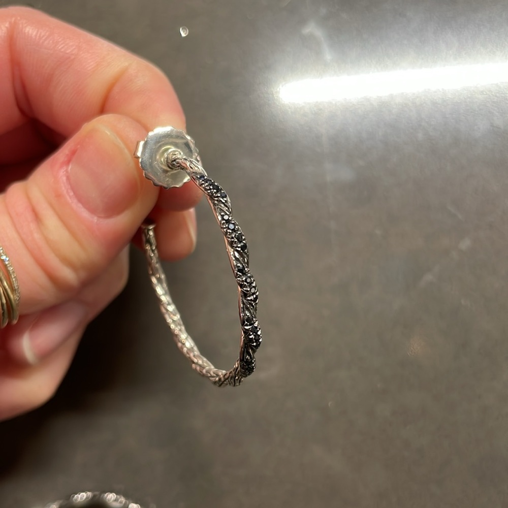 John Hardy Black Diamond and Silver Hoops - Picture 5 of 7